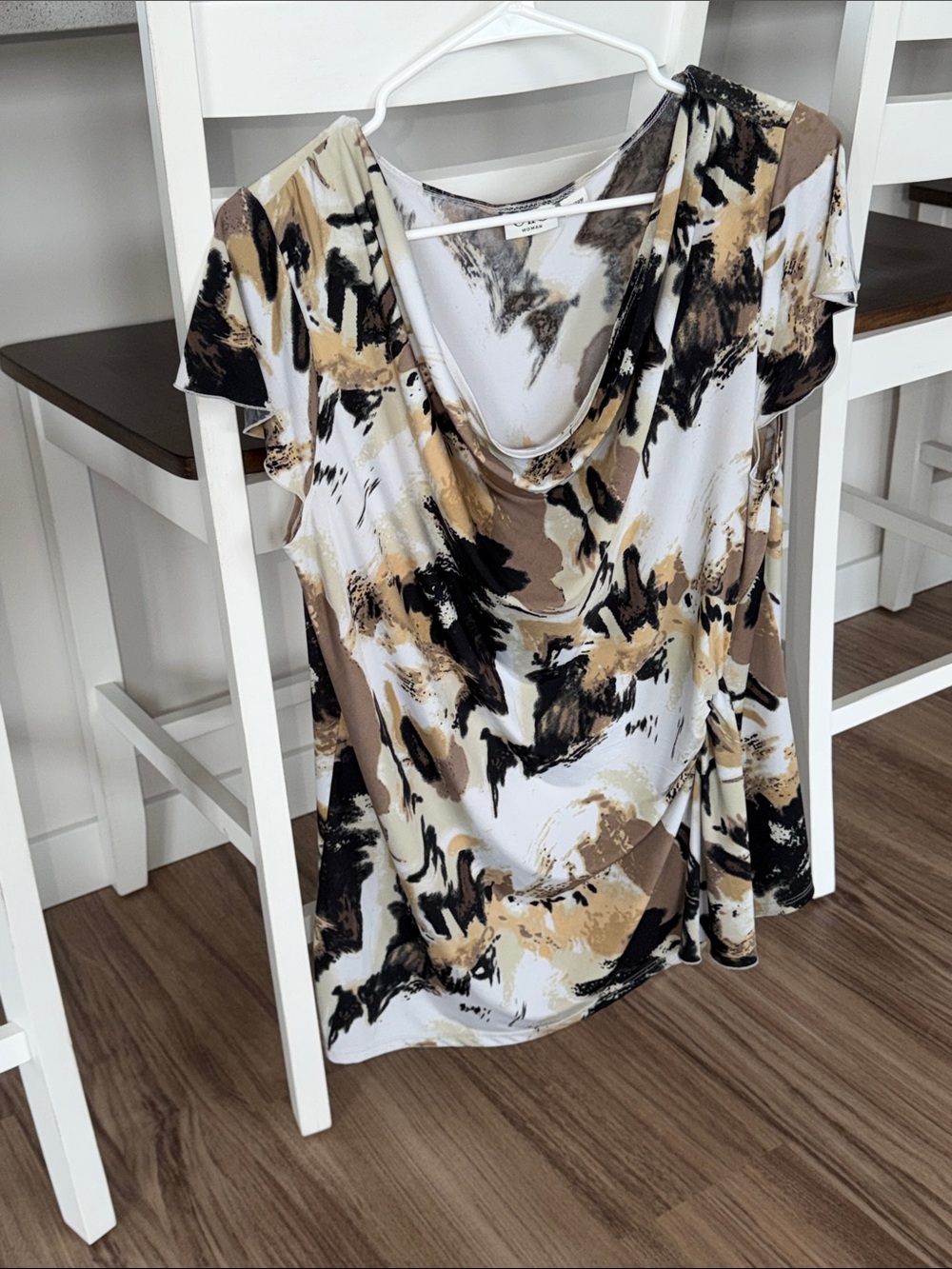 Cato Abstract Print Cowl Neck Top in White, Tan & Black